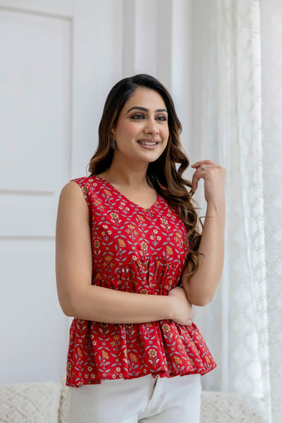 Women Red Printed Peplum Top