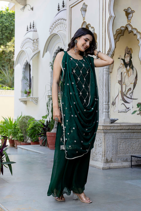 Green Embroidered Kurta With Wide Leg Palazzo and Dupatta