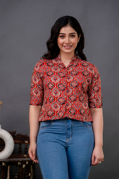 Women Maroon Printed Straight Shirt
