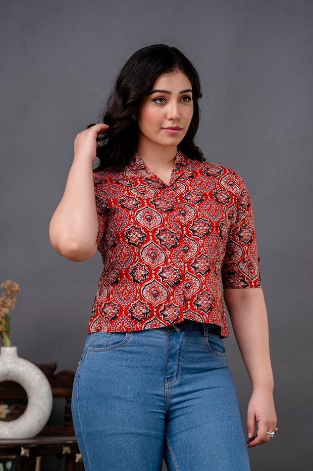Women Maroon Printed Straight Shirt