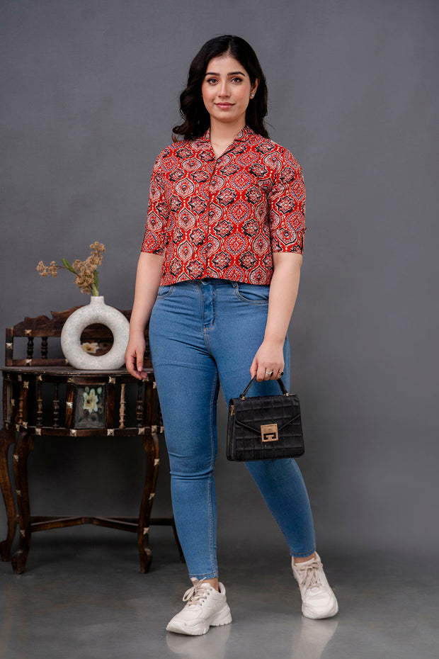 Women Maroon Printed Straight Shirt
