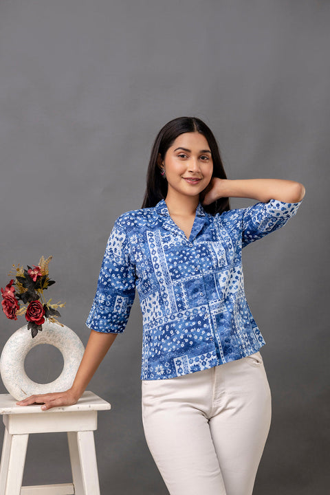 Women Blue Printed Straight Shirt
