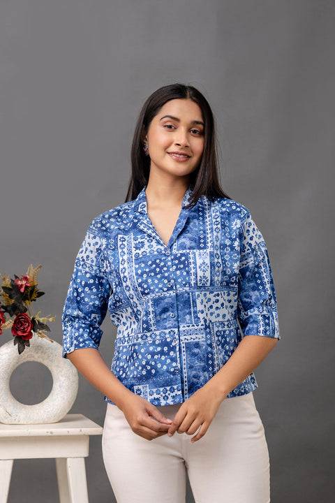 Women Blue Printed Straight Shirt