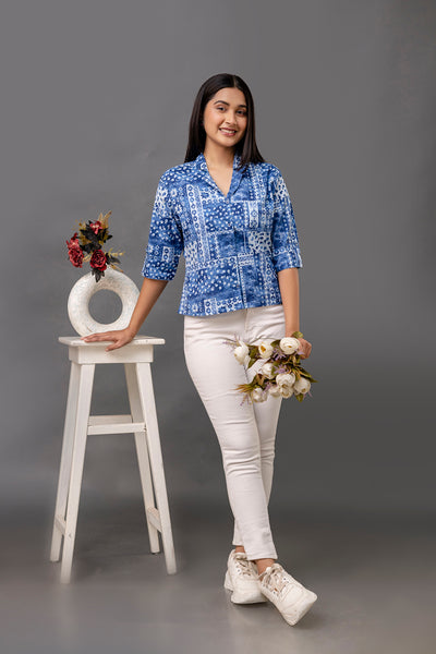 Women Blue Printed Straight Shirt