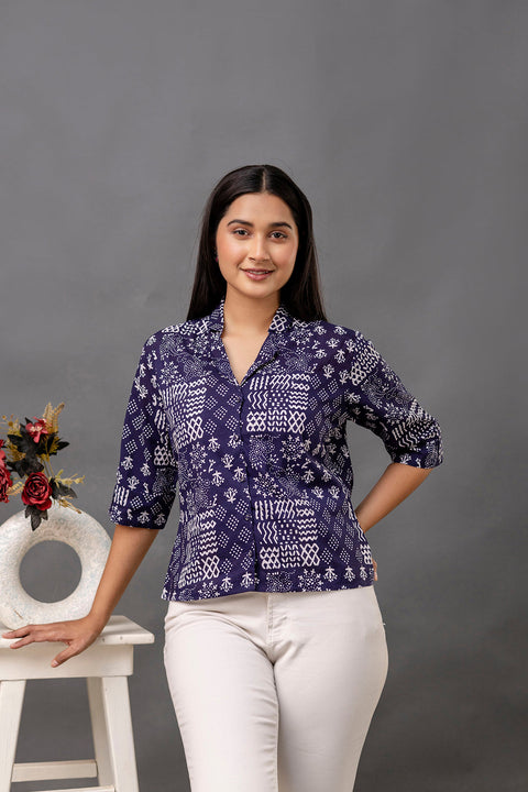 Women Navy Blue Printed Straight Shirt