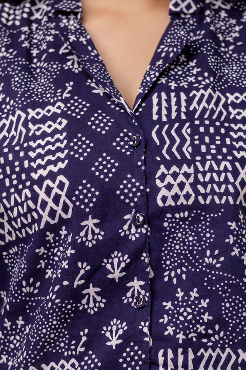 Women Navy Blue Printed Straight Shirt