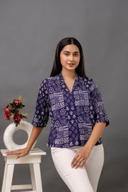 Women Navy Blue Printed Straight Shirt