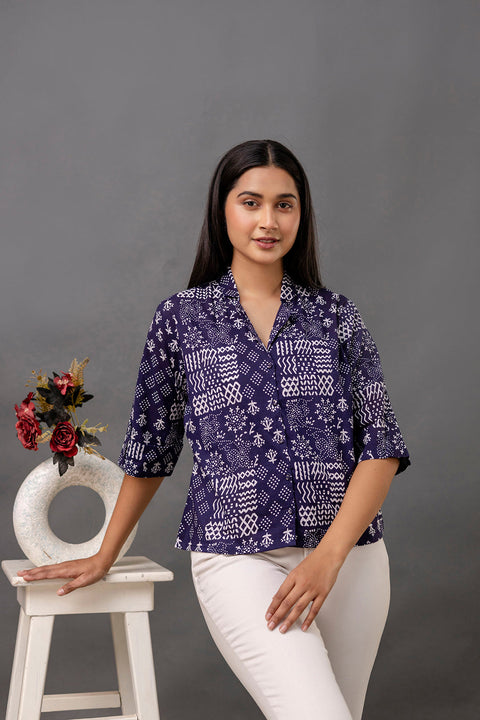 Women Navy Blue Printed Straight Shirt