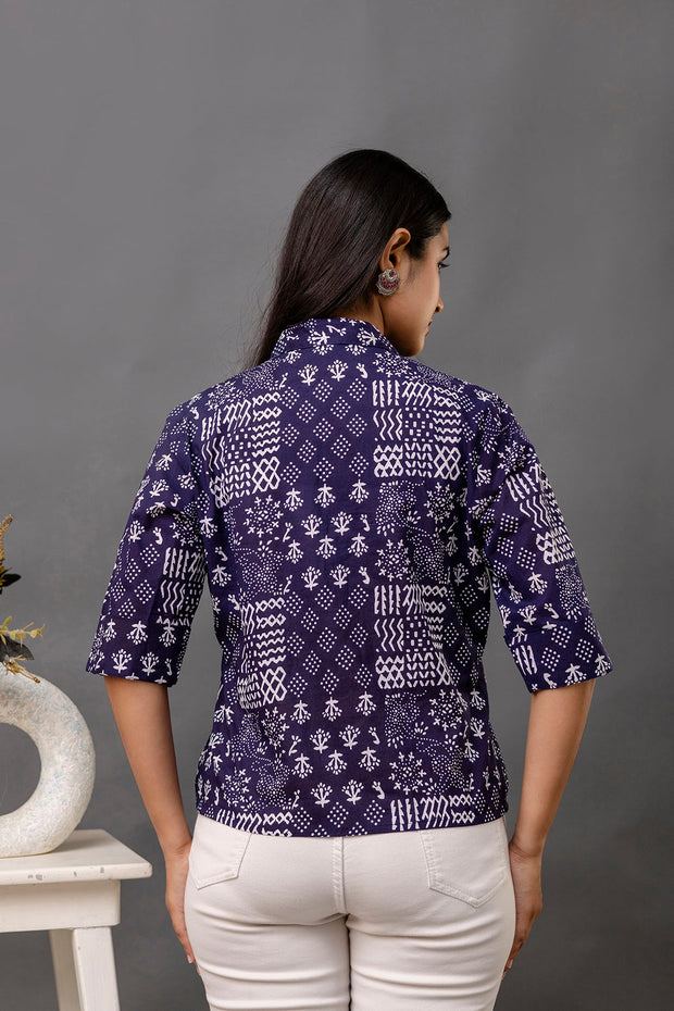 Women Navy Blue Printed Straight Shirt