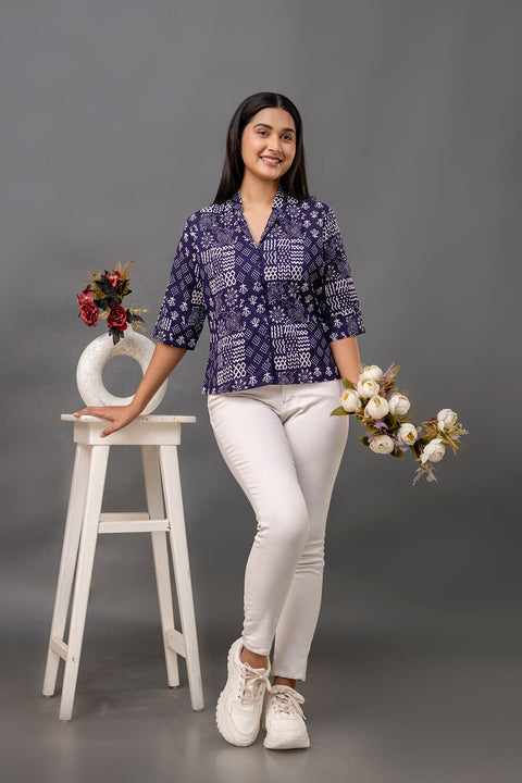 Women Navy Blue Printed Straight Shirt