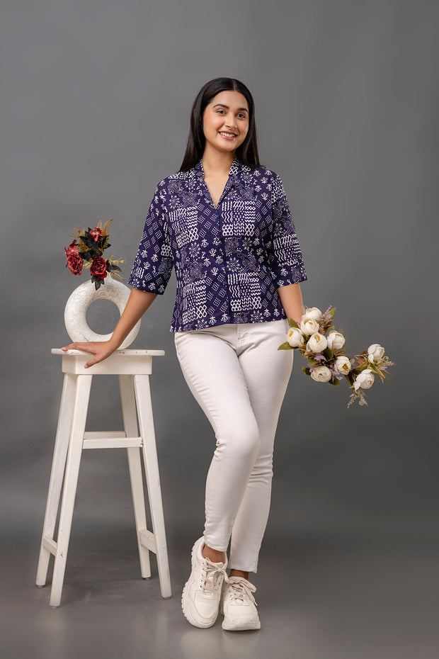 Women Navy Blue Printed Straight Shirt