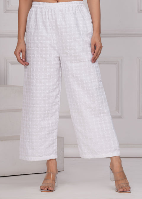 Women White Schiffli Straight Palazzo