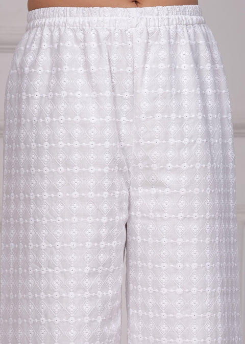 Women White Schiffli Straight Palazzo