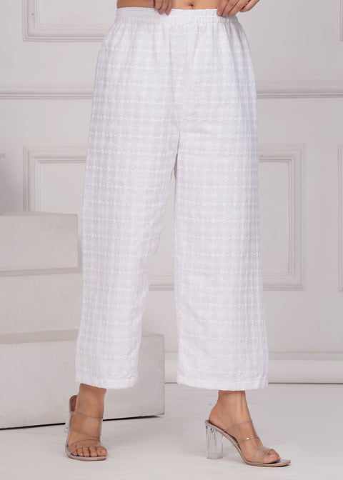 Women White Schiffli Straight Palazzo