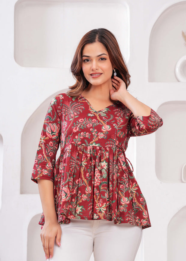 Women Maroon Printed Peplum Top