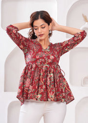 Women Maroon Printed Peplum Top