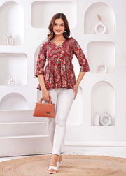 Women Maroon Printed Peplum Top