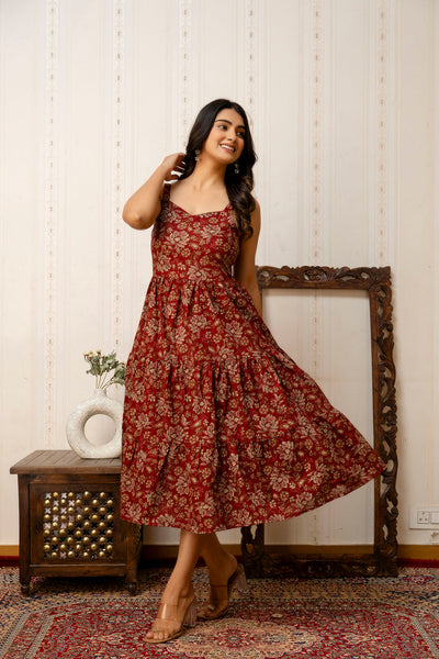 Maroon Floral Printed Flared Dress for Women