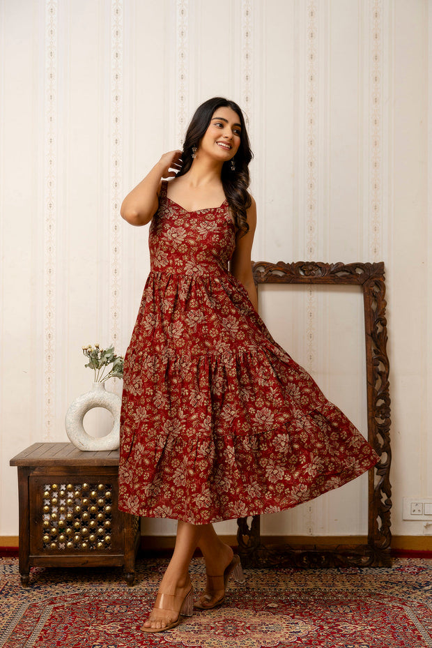 Maroon Floral Printed Flared Dress for Women