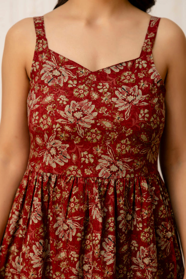 Maroon Floral Printed Flared Dress for Women