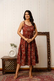 Maroon Floral Printed Flared Dress for Women