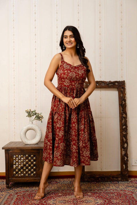 Maroon Floral Printed Flared Dress for Women