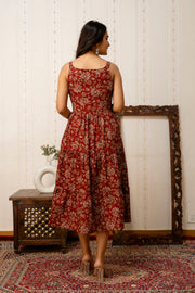Maroon Floral Printed Flared Dress for Women