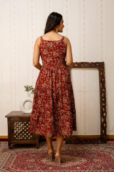 Maroon Floral Printed Flared Dress for Women