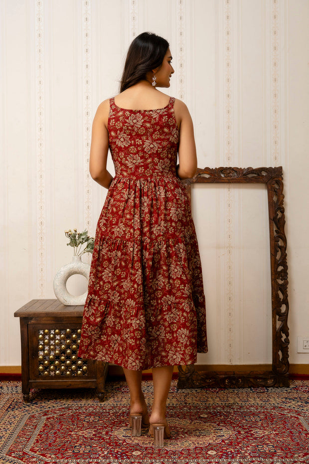 Maroon Floral Printed Flared Dress for Women