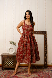 Maroon Floral Printed Flared Dress for Women