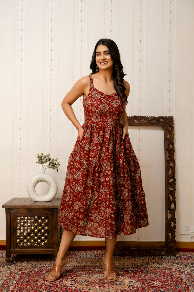 Maroon Floral Printed Flared Dress for Women