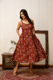 Maroon Floral Printed Flared Dress for Women