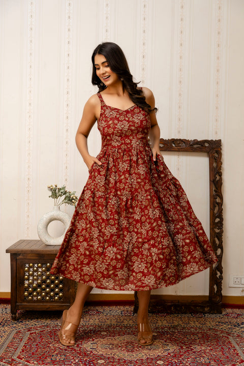Maroon Floral Printed Flared Dress for Women
