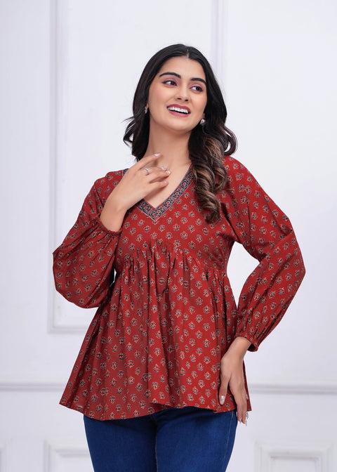 Women Maroon Printed Peplum Top