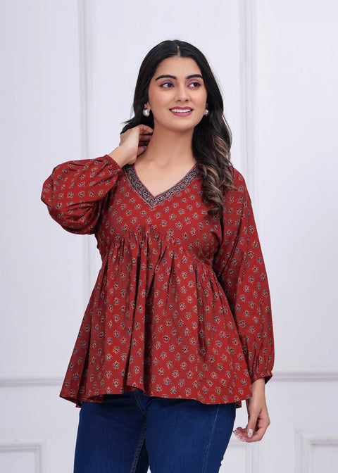 Women Maroon Printed Peplum Top