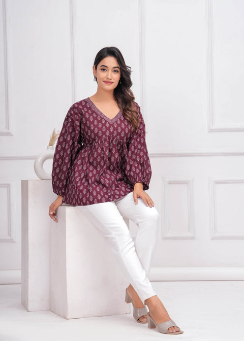 Winecolor Ethnic Printed Peplum TopFor Women