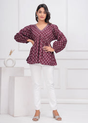Winecolor Ethnic Printed Peplum TopFor Women