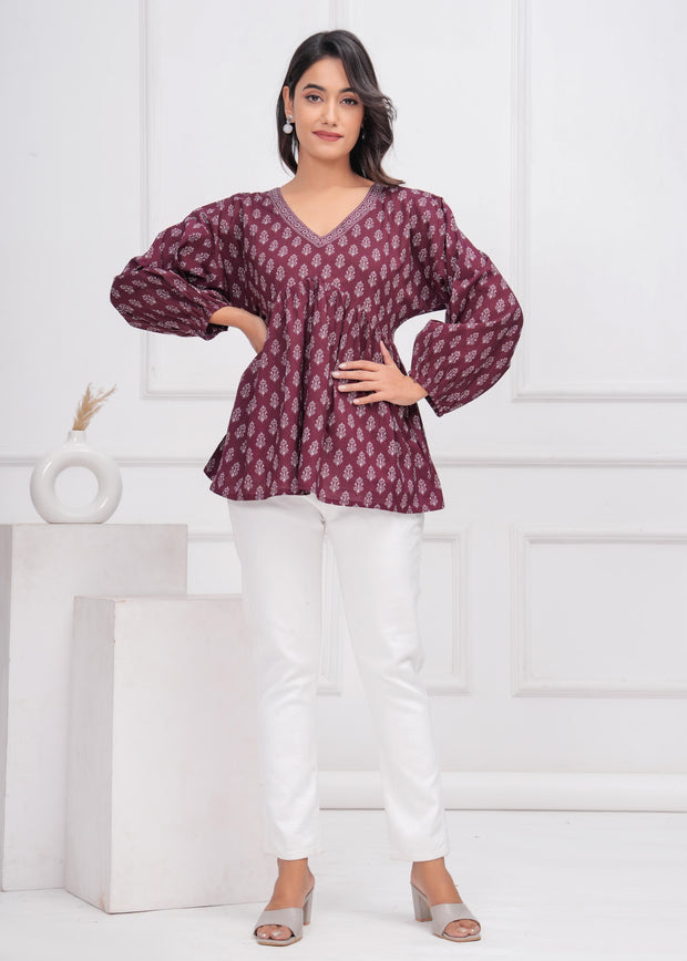 Winecolor Ethnic Printed Peplum TopFor Women