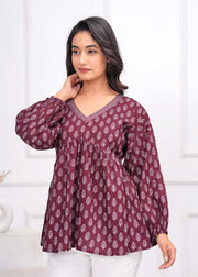 Winecolor Ethnic Printed Peplum TopFor Women