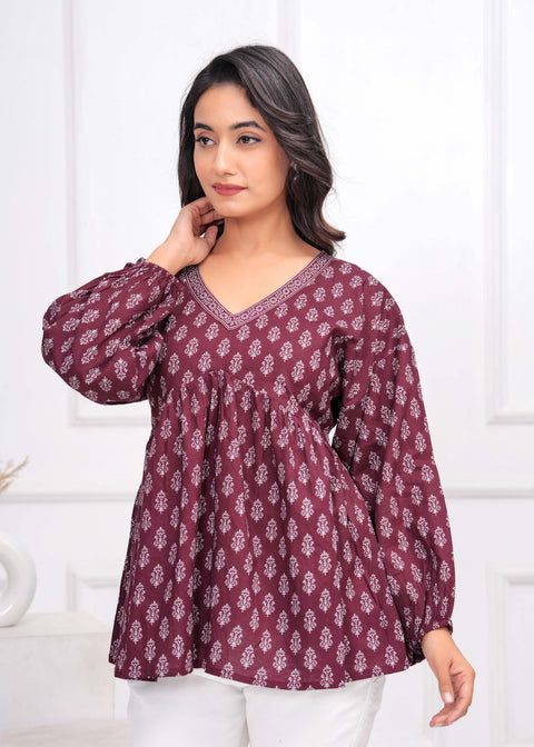 Winecolor Ethnic Printed Peplum TopFor Women