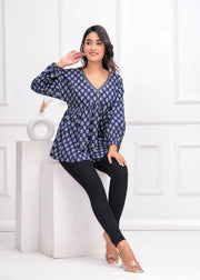 Blue Ethnic Printed Peplum TopFor Women