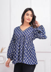 Blue Ethnic Printed Peplum TopFor Women