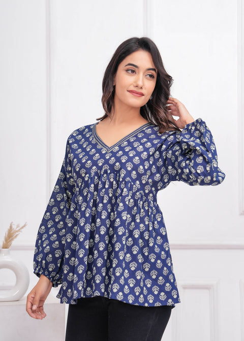 Blue Ethnic Printed Peplum TopFor Women