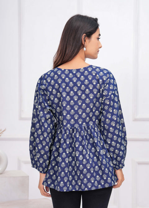 Blue Ethnic Printed Peplum TopFor Women