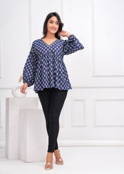 Blue Ethnic Printed Peplum TopFor Women