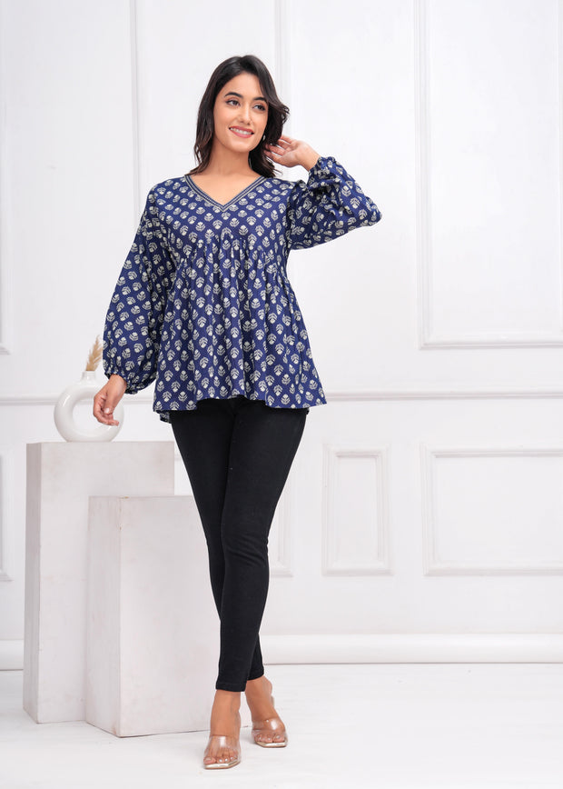 Blue Ethnic Printed Peplum TopFor Women