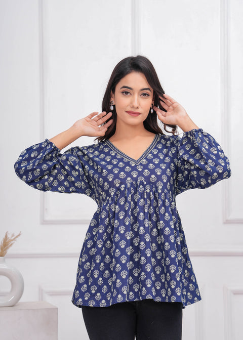 Blue Ethnic Printed Peplum TopFor Women
