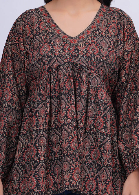 Black Ethnic Printed Peplum TopFor Women