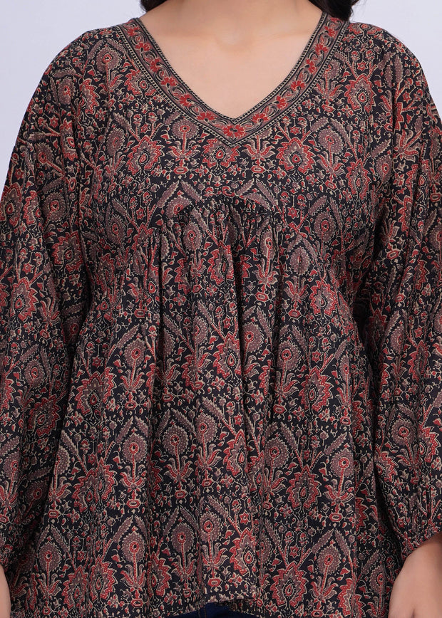Black Ethnic Printed Peplum TopFor Women