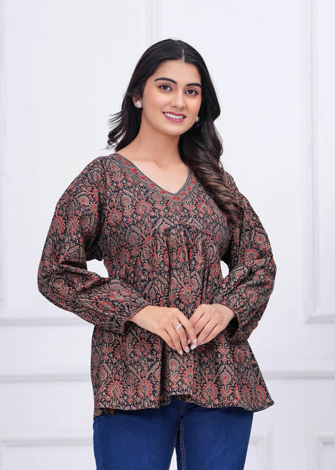 Black Ethnic Printed Peplum TopFor Women